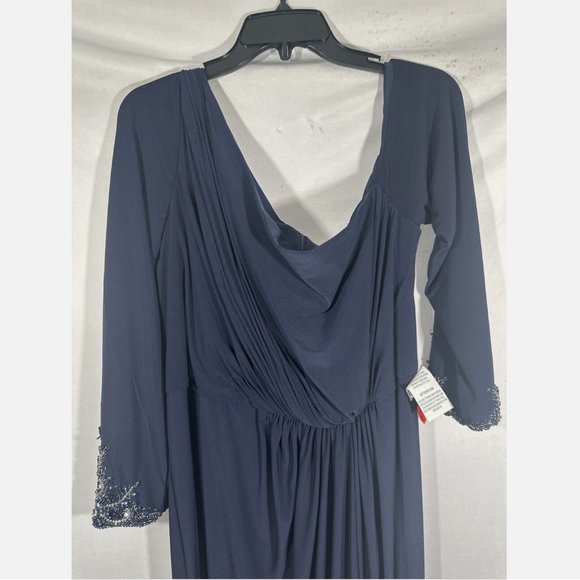 NWT Mac Duggal [ Plus 18W ] Ruched‎ One-Shoulder Long-Sleeve Gown Blue - Picture 4 of 16